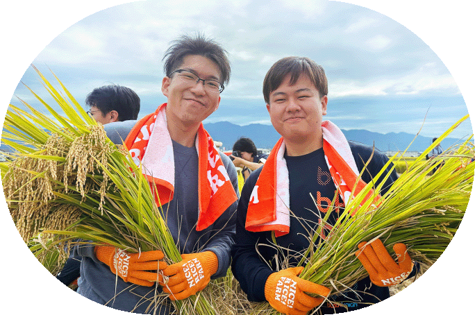 写真：亀田成果の新入​社員​が田植えを行っている写真