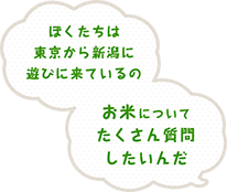 ぼくたちは東京から新潟に遊びに来ているの。お米についてたくさん質問したいんだ